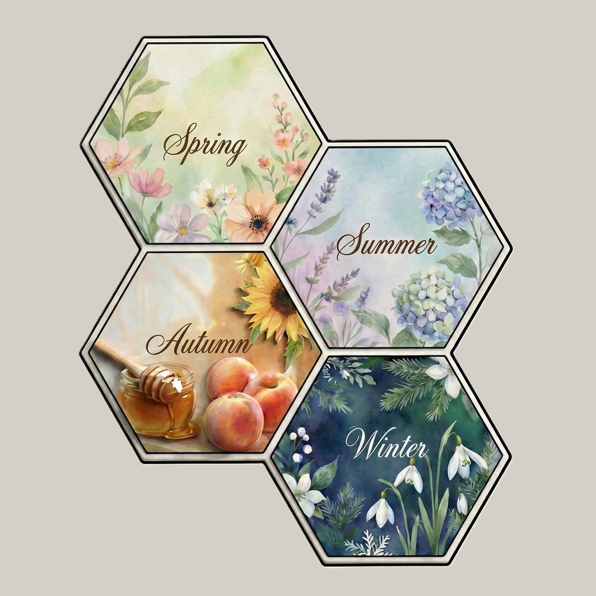 HoneyBeeHue color analysis — four seasonal palettes showing Spring, Summer, Autumn, and Winter colors